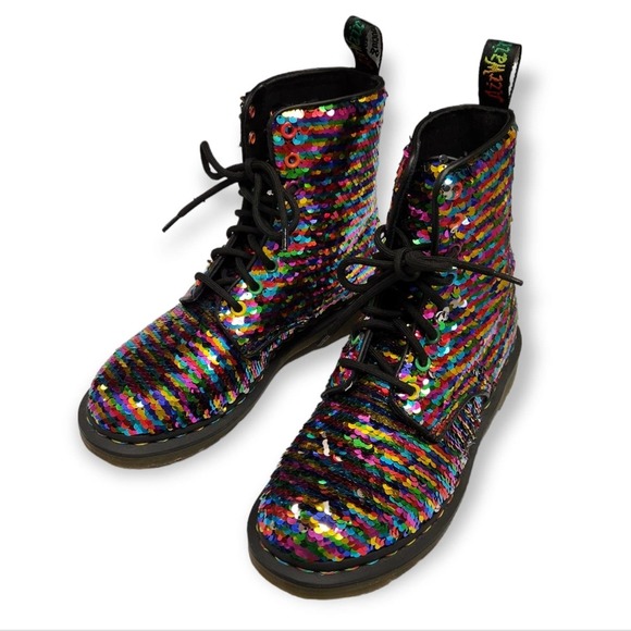 Dr Doc Martens Pascal Boots Sequin Rainbow / Silver Moto Size 5 UK / 7 Women's - Picture 3 of 12